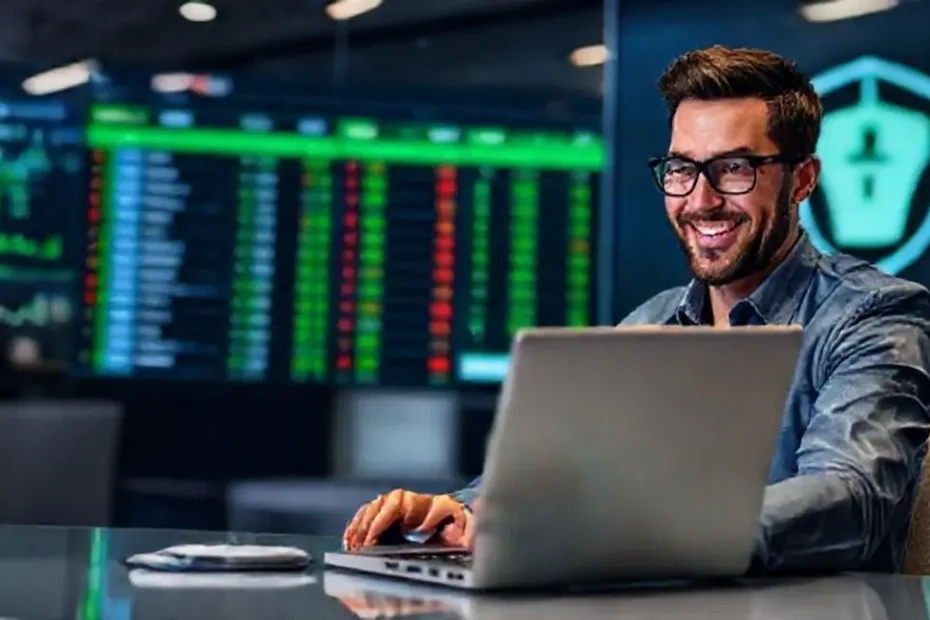 Ambiente de apostas seguras com um apostador feliz.