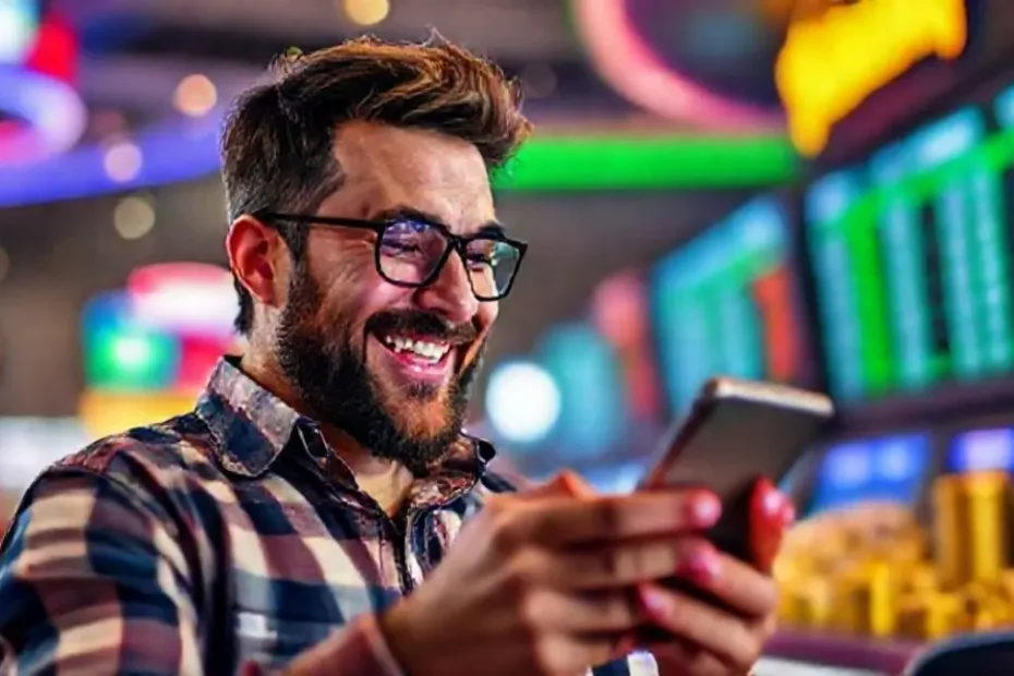 Apostador feliz usando o celular para apostas esportivas