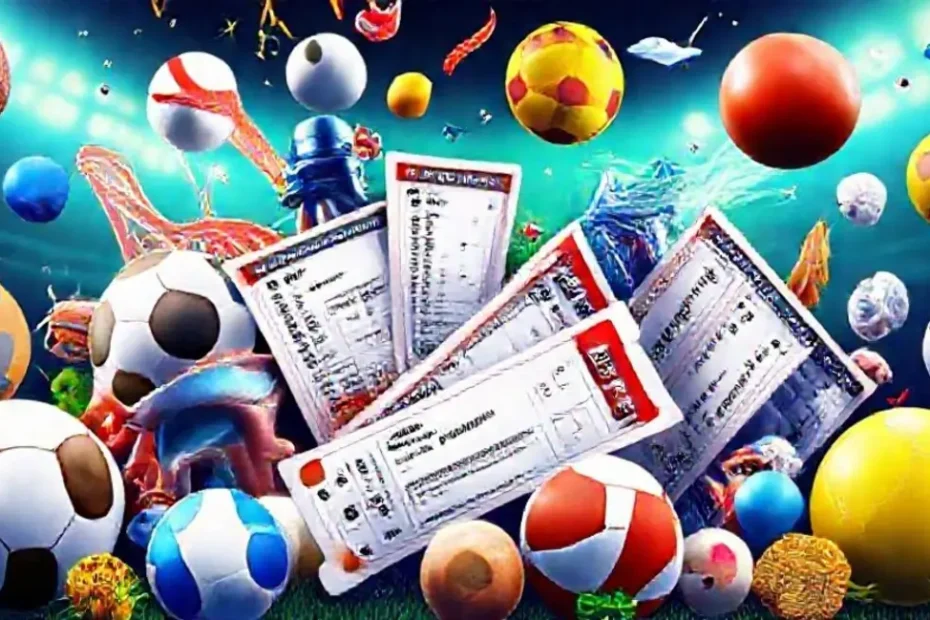 Ícones de esportes e bilhetes de apostas representando as apostas esportivas.