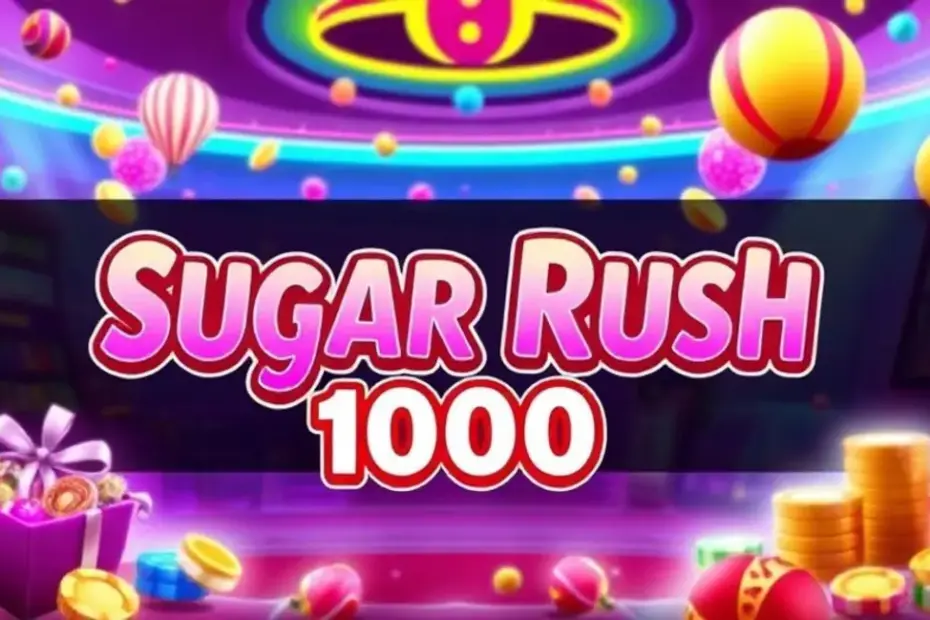 Imagem de um cassino vibrante com elementos do jogo Sugar Rush 1000.